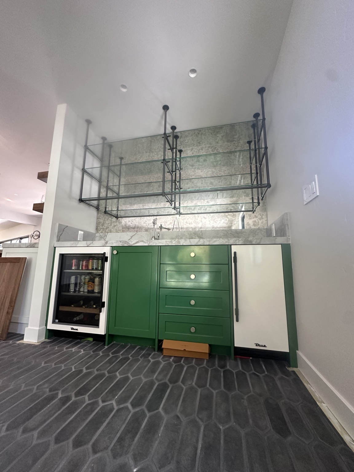 Green painted built-in cabinets